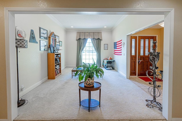 2807 Ann Dr, Midland, TX 79705 - carpeted living room featuring ornamental molding, baseboards, and recessed lighting