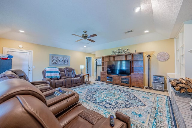 2807 Ann Dr, Midland, TX 79705 - carpeted living room with a ceiling fan, recessed lighting, baseboards, and a textured ceiling