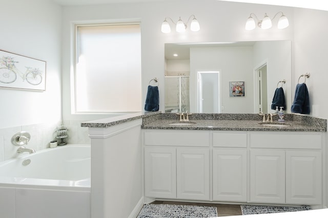 bathroom featuring vanity and shower with separate bathtub