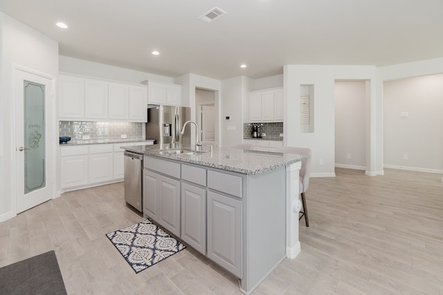 kitchen featuring sink, white cabinetry, an island with sink, and appliances with stainless steel finishes