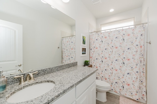 bathroom with vanity, toilet, and walk in shower