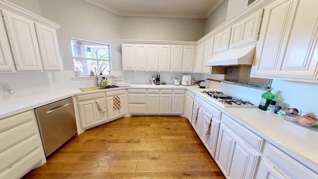 kitchen featuring premium range hood, dishwasher, white cabinets, and light hardwood / wood-style floors