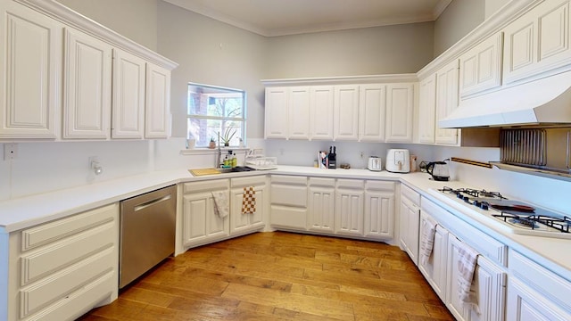 kitchen with stainless steel dishwasher, white gas stovetop, crown molding, light hardwood / wood-style floors, and white cabinetry