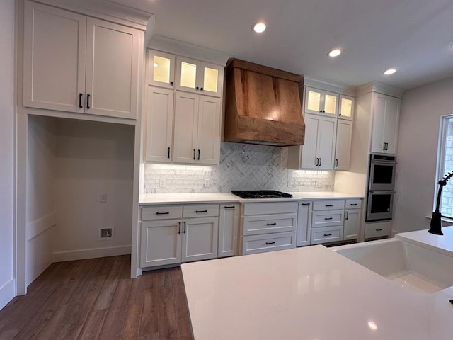 kitchen featuring dark wood-type flooring, decorative backsplash, custom range hood, white cabinetry, and stainless steel appliances