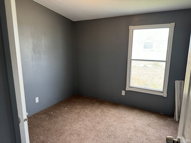 carpeted empty room with radiator and a textured ceiling