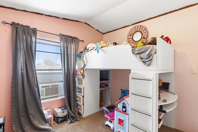 bedroom featuring lofted ceiling, cooling unit, and carpet flooring