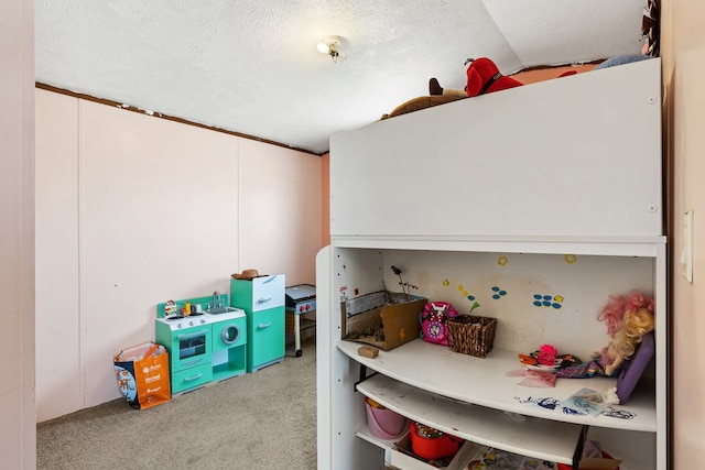 rec room with a textured ceiling, carpet floors, and lofted ceiling