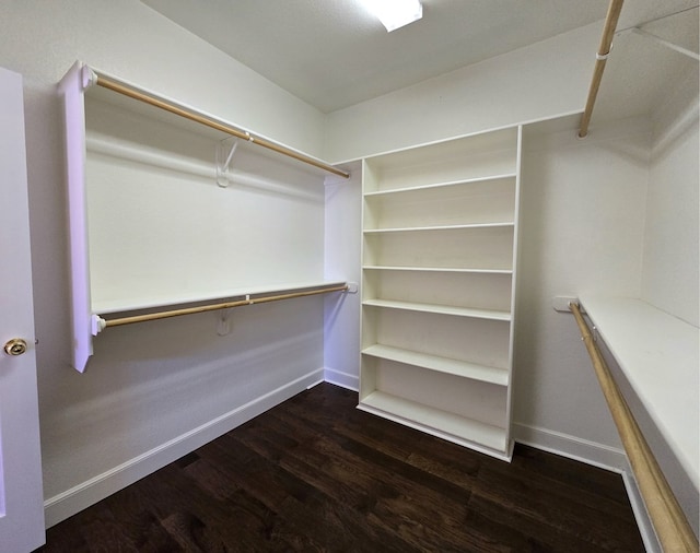 walk in closet with dark hardwood / wood-style floors