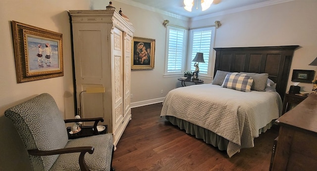 bedroom featuring ornamental molding and dark hardwood / wood-style floors