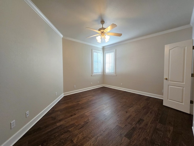 unfurnished room featuring ornamental molding, dark hardwood / wood-style flooring, and ceiling fan