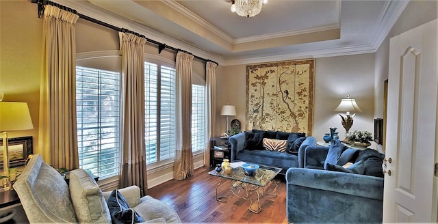 living room featuring ornamental molding, a tray ceiling, and dark wood-type flooring