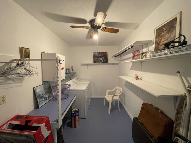 laundry room featuring a ceiling fan, a textured ceiling, laundry area, independent washer and dryer, and baseboards