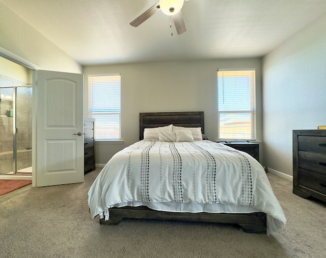 6005 Scaled Quail Rd, Midland, TX 79707 - bedroom featuring carpet flooring, multiple windows, ceiling fan, and lofted ceiling