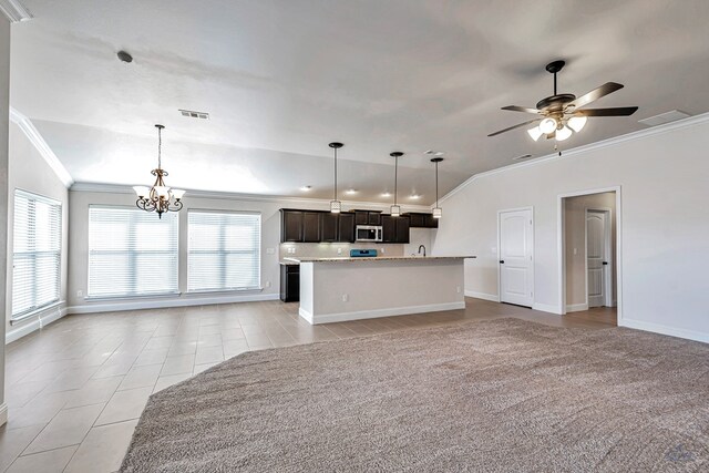 unfurnished living room featuring ceiling fan with notable chandelier, lofted ceiling, ornamental molding, and light tile patterned floors