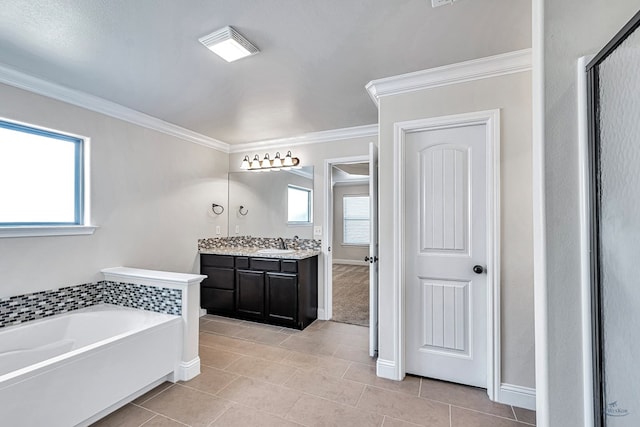 bathroom with a bathing tub, vanity, crown molding, and a wealth of natural light