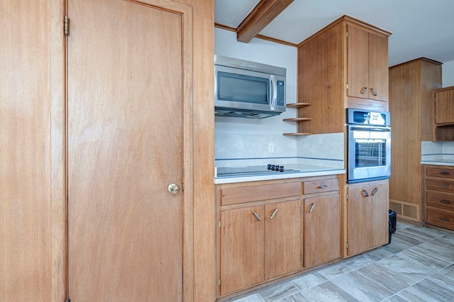 kitchen featuring beam ceiling, open shelves, light countertops, visible vents, and appliances with stainless steel finishes