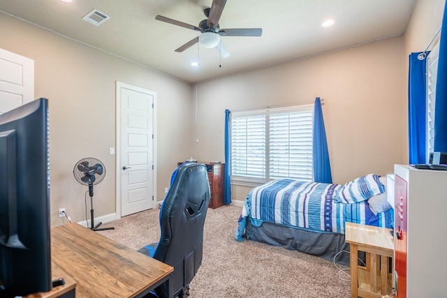 7311 E County Rd 112, Midland, TX 79706 - bedroom featuring carpet flooring, an office area, baseboards, recessed lighting, and a ceiling fan