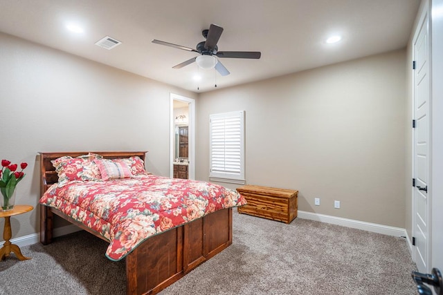 7311 E County Rd 112, Midland, TX 79706 - carpeted bedroom with baseboards, a ceiling fan, recessed lighting, and ensuite bathroom
