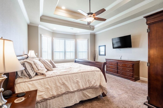 7311 E County Rd 112, Midland, TX 79706 - bedroom with carpet flooring, ornamental molding, a raised ceiling, a ceiling fan, and recessed lighting