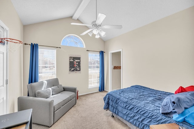 5502 Sundance Ct, Midland, TX 79707 - carpeted bedroom featuring beamed ceiling, ceiling fan, baseboards, and high vaulted ceiling