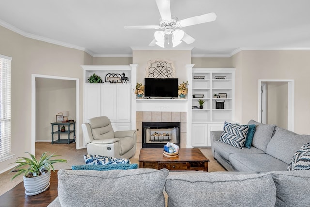 5502 Sundance Ct, Midland, TX 79707 - living area with crown molding, ceiling fan, a fireplace, and baseboards