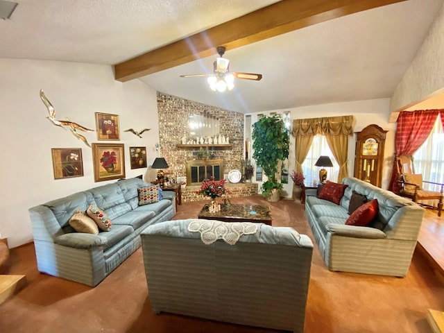 carpeted living room featuring ceiling fan, a fireplace, lofted ceiling with beams, and a textured ceiling