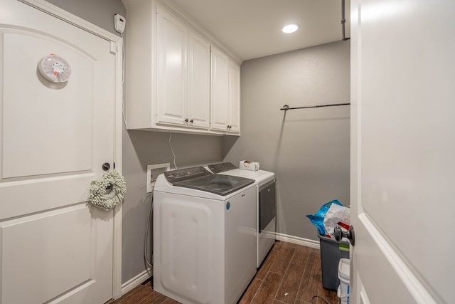 3505 Coquina Ln, Midland, TX 79707 - washroom featuring washer and clothes dryer, dark wood-type flooring, cabinet space, baseboards, and recessed lighting
