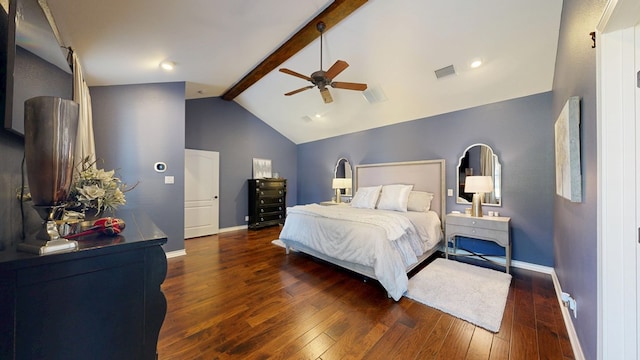 bedroom featuring ceiling fan, lofted ceiling with beams, hardwood / wood-style floors, baseboards, and visible vents