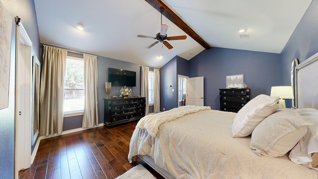 bedroom featuring lofted ceiling with beams, wood-type flooring, a ceiling fan, baseboards, and visible vents