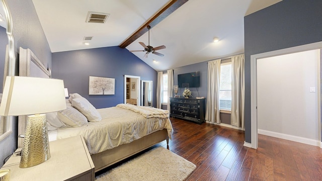 bedroom with lofted ceiling with beams, a ceiling fan, baseboards, visible vents, and hardwood / wood-style flooring