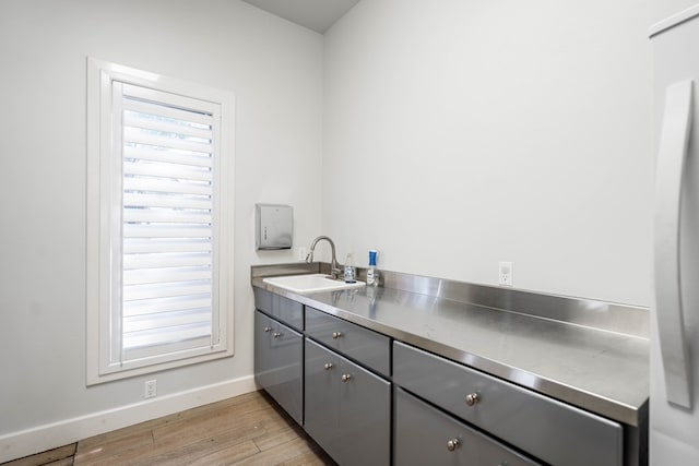 15 Lakes Dr, Midland, TX 79705 - kitchen with stainless steel counters, gray cabinetry, and light wood-style flooring