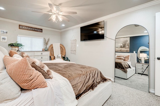 bedroom with recessed lighting, carpet flooring, a ceiling fan, and ornamental molding