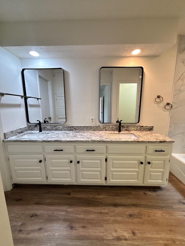 bathroom with double vanity, wood finished floors, and a sink