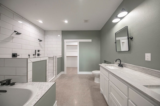 full bathroom with separate shower and tub, vanity, and toilet