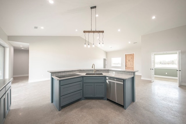 kitchen featuring dishwasher, sink, an island with sink, pendant lighting, and lofted ceiling