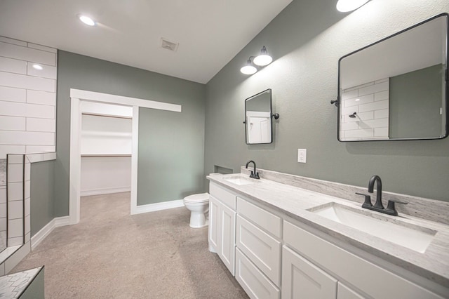 bathroom with vanity, toilet, and a shower