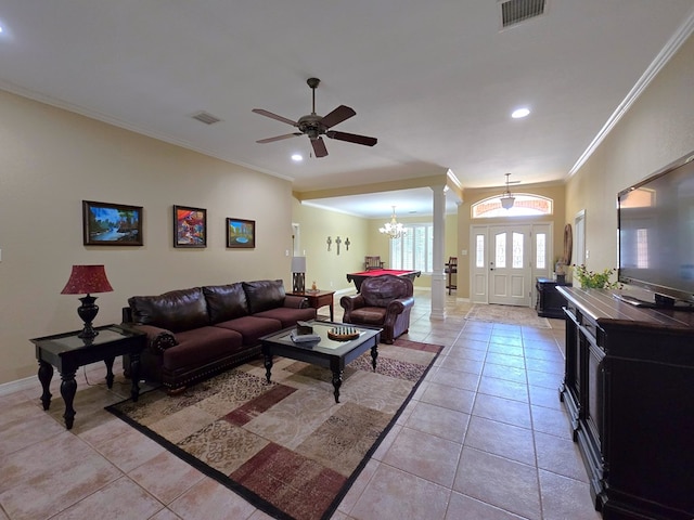 4808 W Cherrywood Ct W, Midland, TX 79707 - living area featuring crown molding, a chandelier, light tile patterned floors, ceiling fan, and recessed lighting