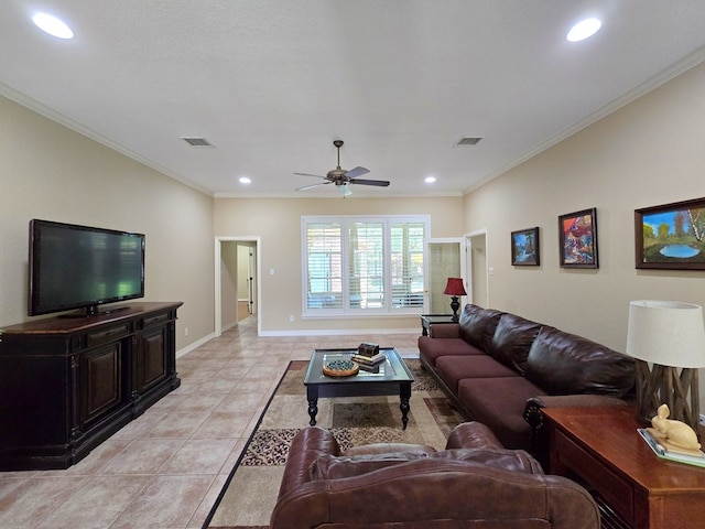 4808 W Cherrywood Ct W, Midland, TX 79707 - living area featuring light tile patterned floors, baseboards, recessed lighting, a ceiling fan, and ornamental molding