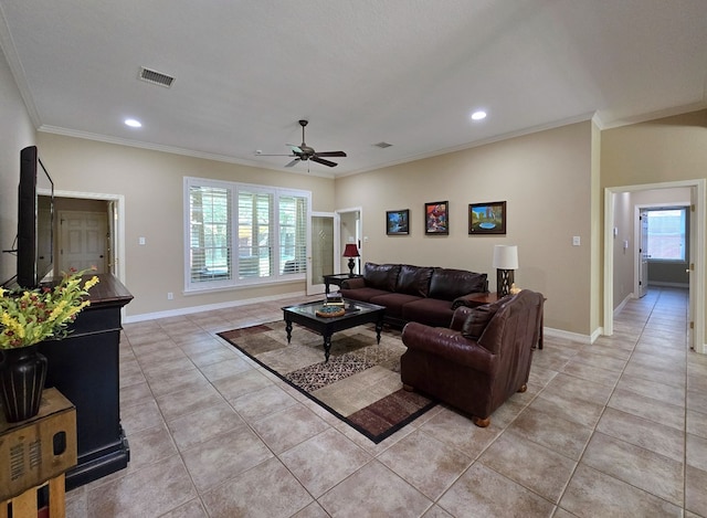 4808 W Cherrywood Ct W, Midland, TX 79707 - living area featuring light tile patterned flooring, a ceiling fan, crown molding, recessed lighting, and baseboards