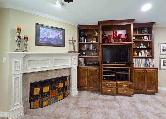 4808 W Cherrywood Ct W, Midland, TX 79707 - living room featuring a tiled fireplace, crown molding, light tile patterned flooring, and baseboards
