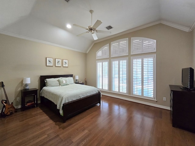 4808 W Cherrywood Ct W, Midland, TX 79707 - bedroom featuring lofted ceiling, multiple windows, dark wood finished floors, and ornamental molding