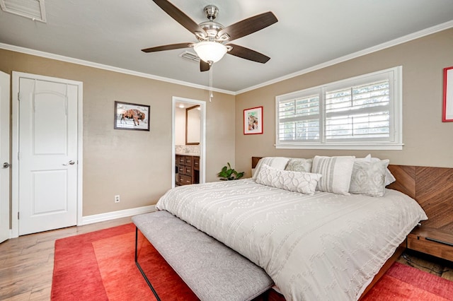 2607 N N St, Midland, TX 79705 - bedroom with crown molding, visible vents, baseboards, a ceiling fan, and light wood finished floors