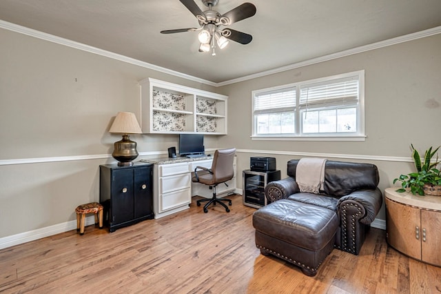 2607 N N St, Midland, TX 79705 - home office featuring baseboards, ornamental molding, light wood-style flooring, and ceiling fan
