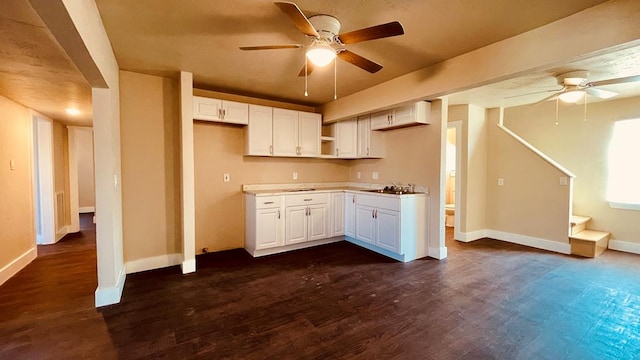 kitchen with ceiling fan, dark hardwood / wood-style flooring, white cabinetry, and sink