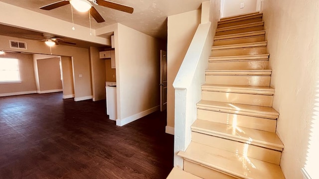 stairway with hardwood / wood-style floors and ceiling fan