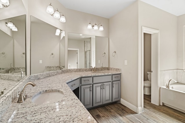 bathroom with toilet, vanity, hardwood / wood-style flooring, and a bathing tub