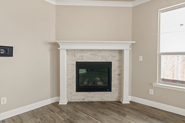 interior details featuring a tile fireplace and hardwood / wood-style floors