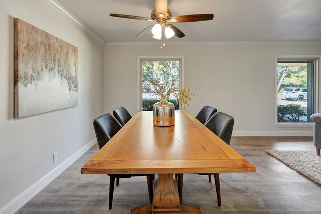 dining space with crown molding, ceiling fan, and wood-type flooring