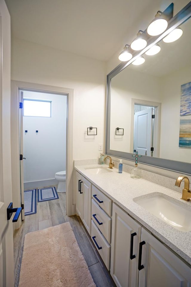 bathroom featuring vanity, wood-type flooring, and toilet