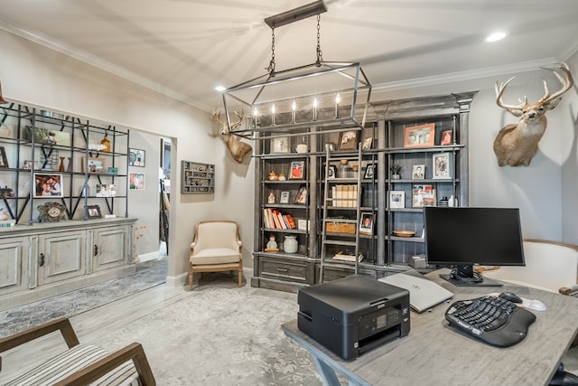 office area with hardwood / wood-style flooring and ornamental molding